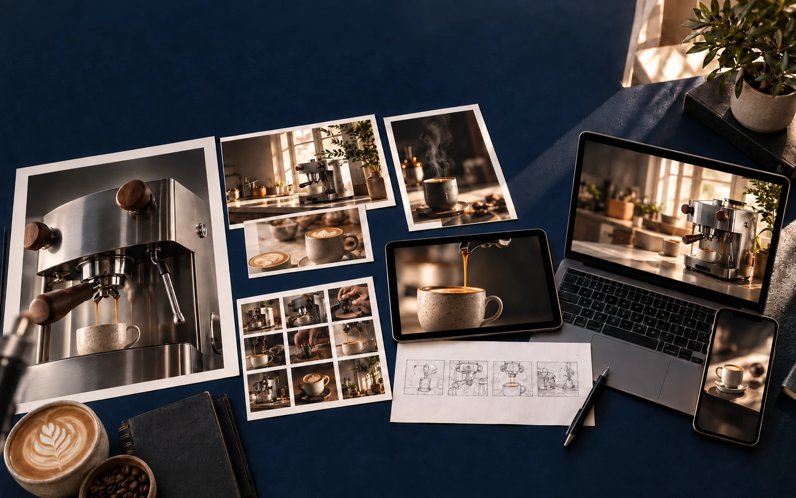 A coffee campaign laid out on a navy worktable: product prints, a contact sheet, a tablet, a storyboard, a laptop and a phone.